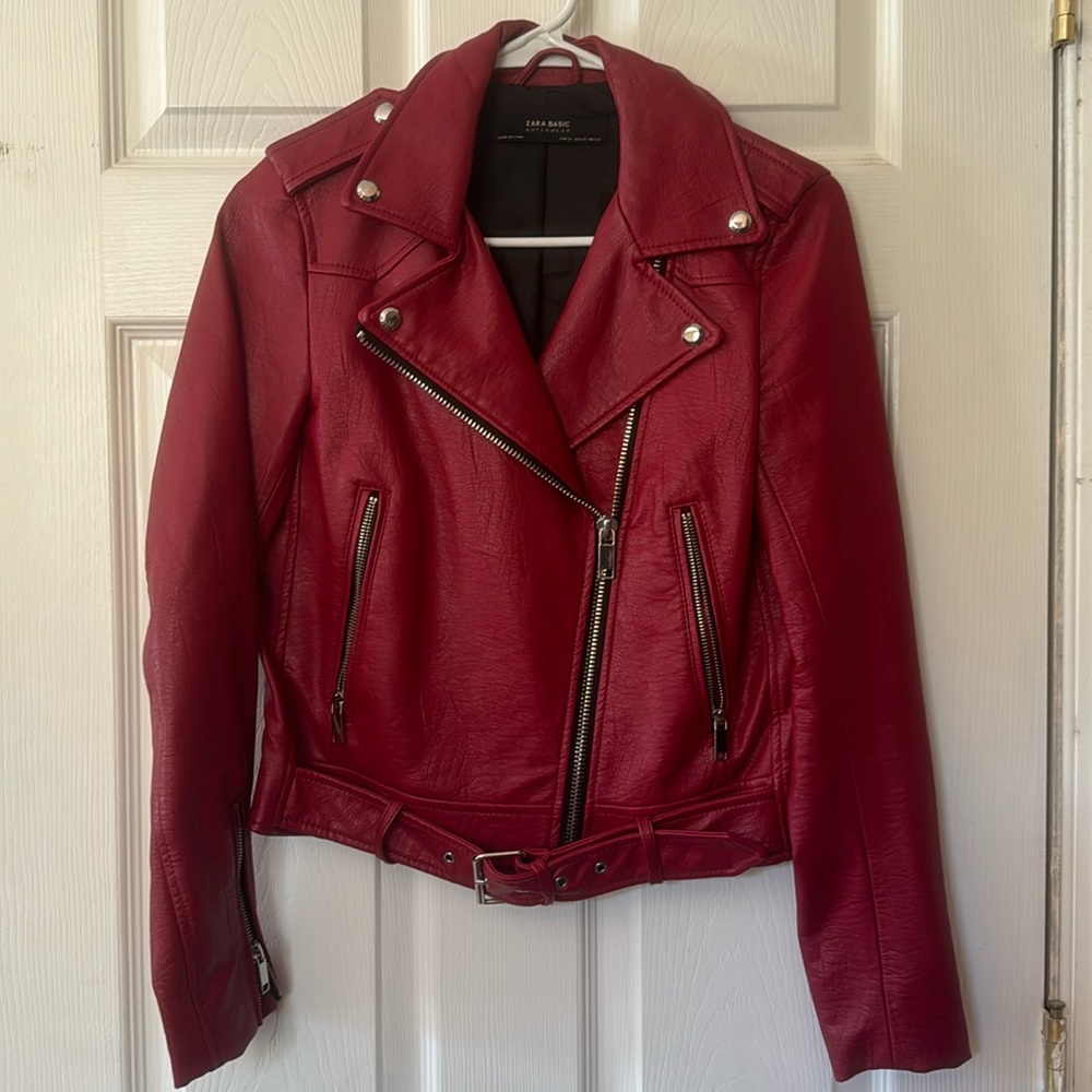 Zara deep red XS Moto Biker jacket faux leather with belt Zara Outerwear Blazer